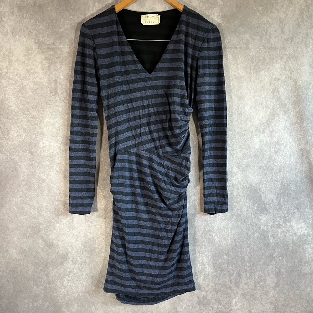 Nicole Miller Dress Women Small S Blue Black Stripe Ruched Bodycon *See Descrip*